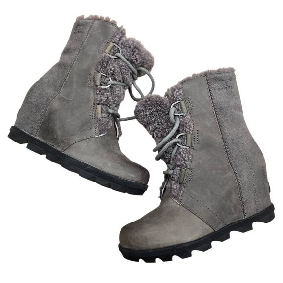 Sorel‎ Joan of Arctic Wedge II Shearling Boots Size 9 Women's Gray Lace Up - Picture 2 of 7